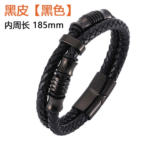 Wholesale stainless steel black double strip leather braided bracelet JDC-BT-RShen002 Bracelet 日盛 185mm black Wholesale Jewelry JoyasDeChina Joyas De China