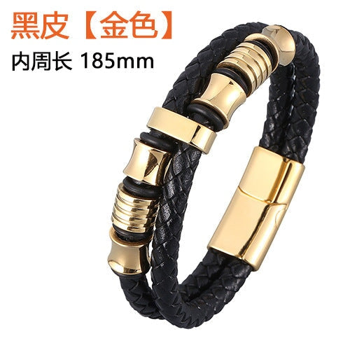 Wholesale stainless steel black double strip leather braided bracelet JDC-BT-RShen002 Bracelet 日盛 Wholesale Jewelry JoyasDeChina Joyas De China