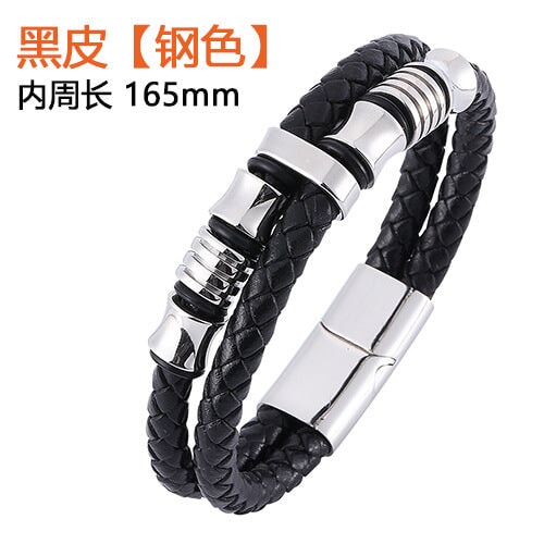 Wholesale stainless steel black double strip leather braided bracelet JDC-BT-RShen002 Bracelet 日盛 Kurogane color 165mm Wholesale Jewelry JoyasDeChina Joyas De China