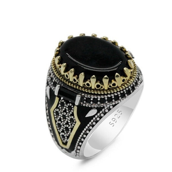 Wholesale Vintage Black Onyx Ring for Men JDC-RS-Hechen001 Rings 禾呈 Anti-Silver zipper No. 6 Wholesale Jewelry JoyasDeChina Joyas De China