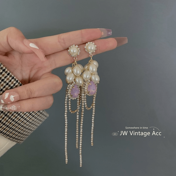Wholesale White Pearl and Rhinestone Tassel Earrings JDC-ES-jw011 Earrings 佳伟 Wholesale Jewelry JoyasDeChina Joyas De China
