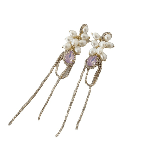 Wholesale White Pearl and Rhinestone Tassel Earrings JDC-ES-jw011 Earrings 佳伟 Wholesale Jewelry JoyasDeChina Joyas De China