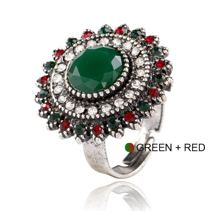 Wholesale Zinc Alloy Rhinestone Resin Sun Flower Ring JDC-RS-Duoh001 Rings 朵涵 green red adjustable Wholesale Jewelry JoyasDeChina Joyas De China