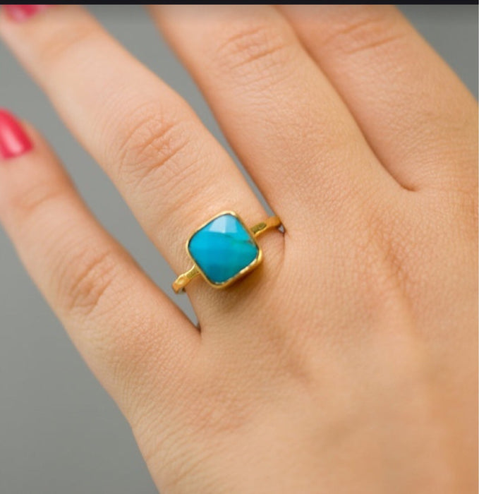 Wholesale Ring Simple Square Turquoise Plated 18k Gold Ring JDC-RS-RongY012