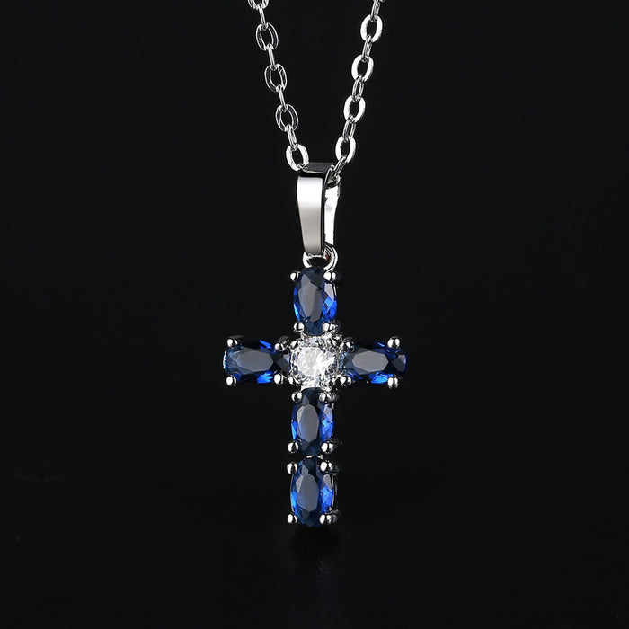 Wholesale necklace blue zircon cross item oval zircon inlay JDC-NE-MiMeng036