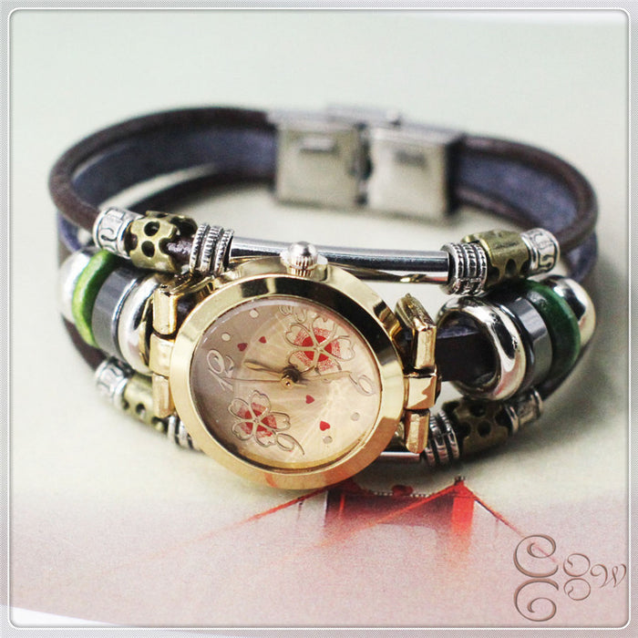 Joya de cuero de reloj al por mayor joyas hechas a mano Clover de acero inoxidable multicapa JDC-BT-yyon002