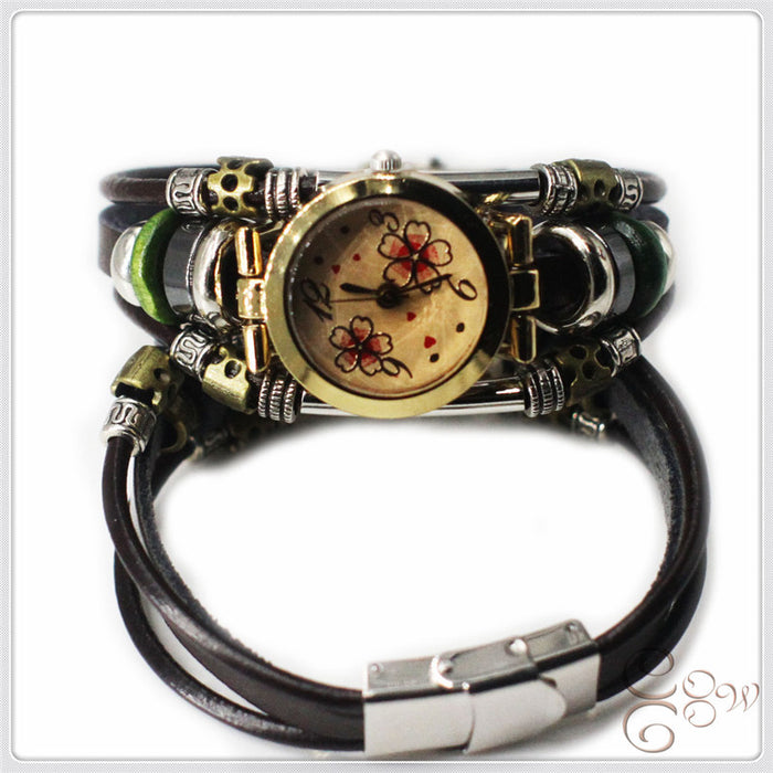 Wholesale Watch Leather Bracelet Jewelry Handmade Multilayer Stainless Steel Clover JDC-BT-YonY002