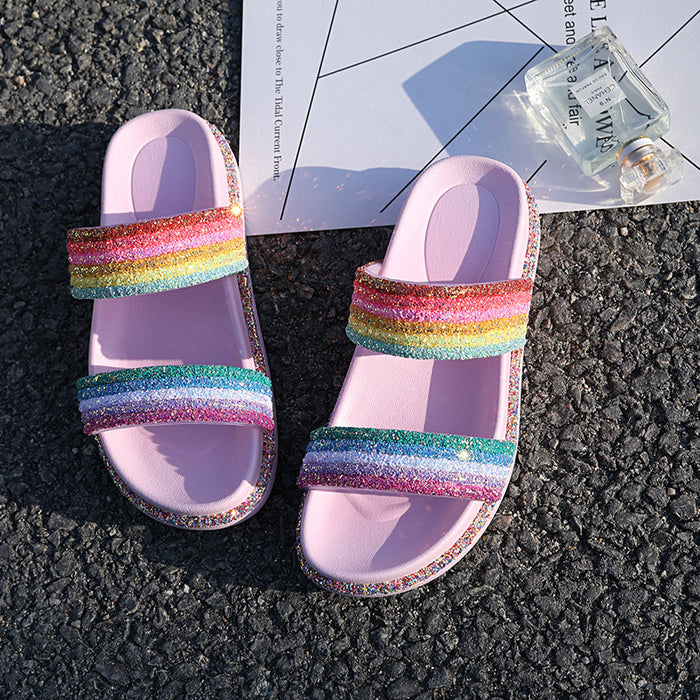 Wholesale Summer Women Slippers Double Strap Rainbow Stripes JDC-SP-Xuanyang003