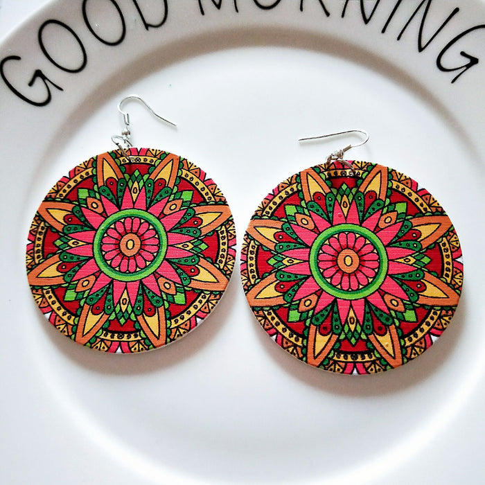 Wholesale Exaggerated African Pattern Geometric Round Wooden Earrings JDC-ES-AnX013