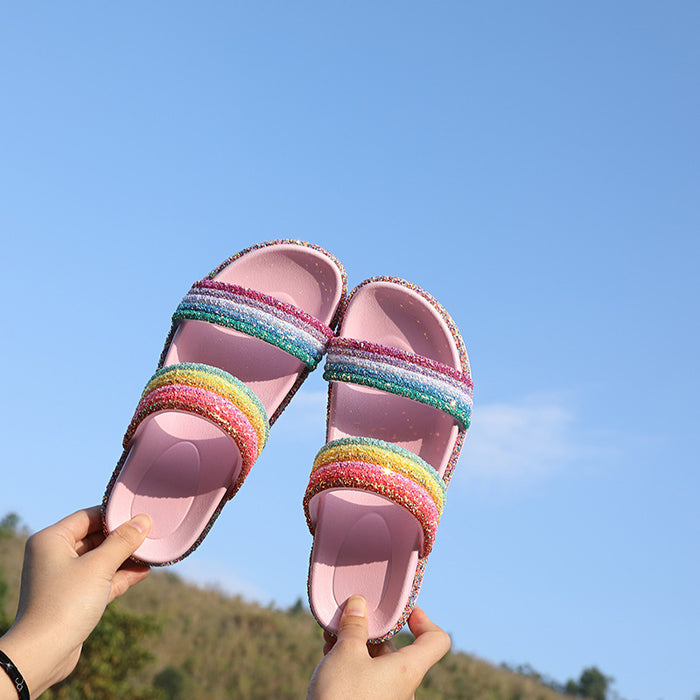 Wholesale Summer Women Slippers Double Strap Rainbow Stripes JDC-SP-Xuanyang003