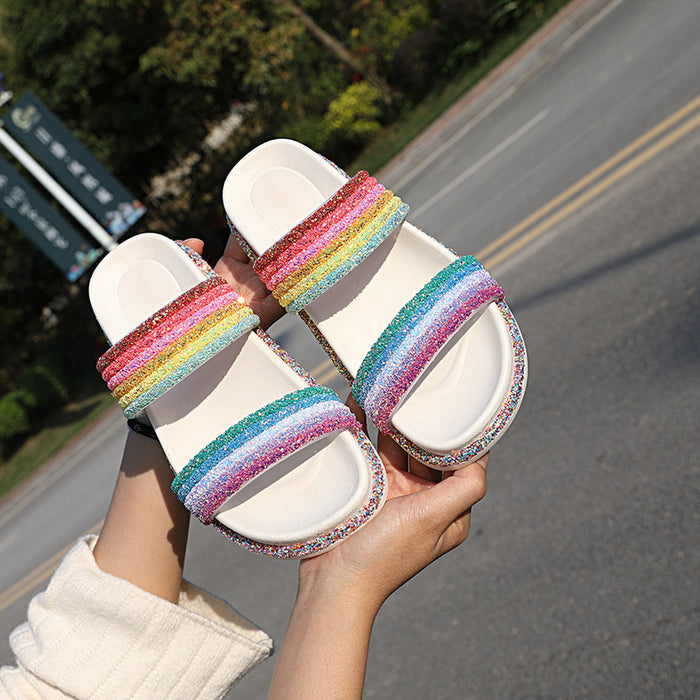 Mujeres al por mayor de verano Slippers Doble correa Rainbow Stripes JDC-SP-Xuanyang003