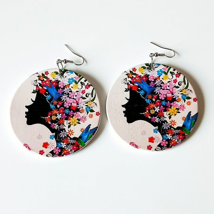 Wholesale Exaggerated African Head Pattern Geometric Round Wooden Earrings MOQ≥2 JDC-ES-AnX019