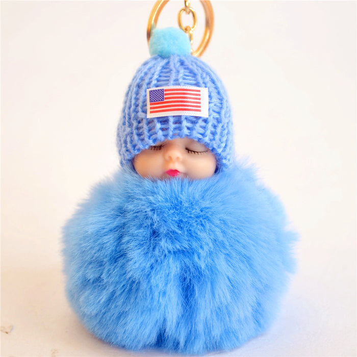 Wholesale American Flag Cute Sleeping Doll Hairball Pom Pom Keychain MOQ≥2 JDC-KC-ZuoL001