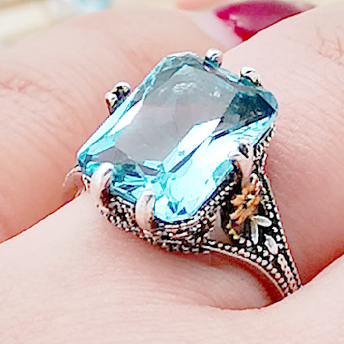 Wholesale 925 Thai Silver Plated Flower Sea Blue Topaz Metal Ring JDC-RS-RongY006