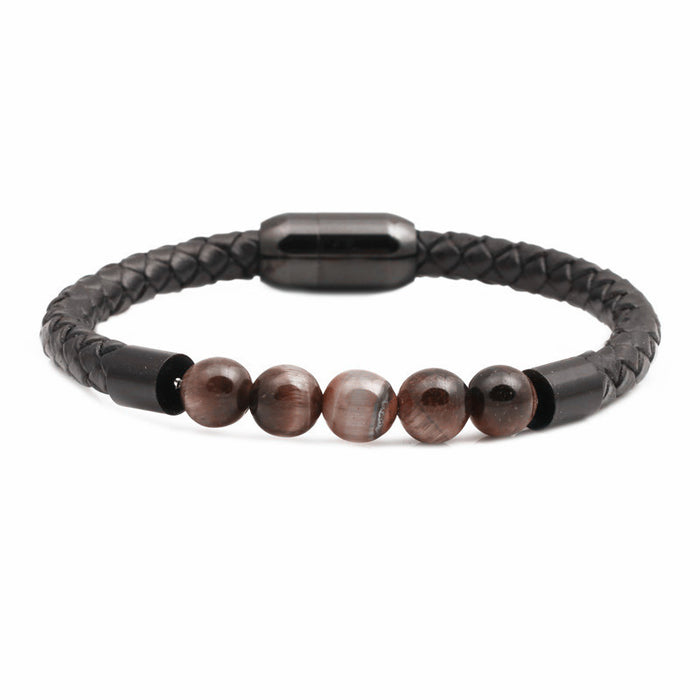 Wholesale Color Tiger Eye Beaded Stainless Steel Magnetic Buckle Leather Cord Bracelet JDC-BT-ML069