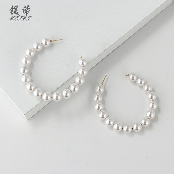 Wholesale pearl earrings temperament personality pearl large hoop earrings JDC-ES-Qiandi010