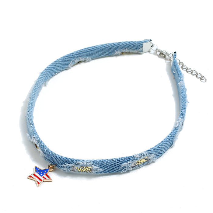 Wholesale 4th of July Art Alloy Pendant Necklace Denim Fabric Flag Independence Day JDC-NE-zl007