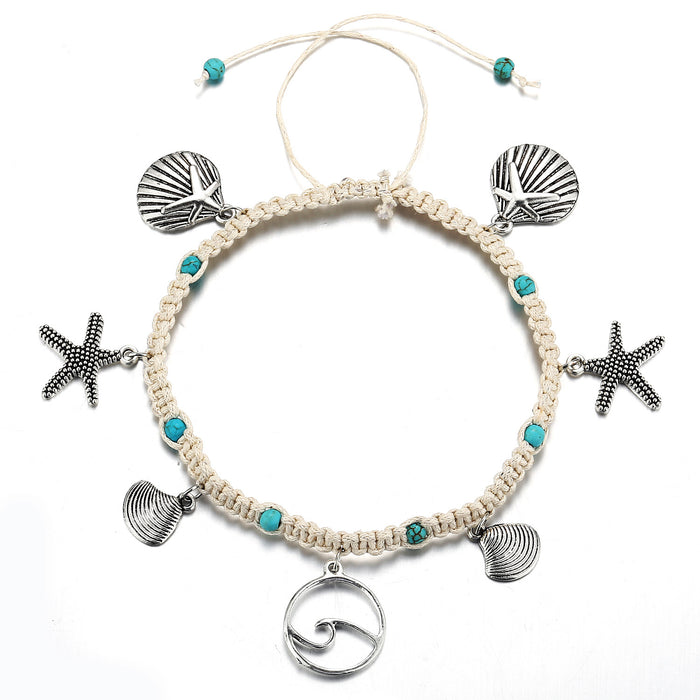 Wholesale Alloy Braided Beach Starfish Seashell Turquoise Anklet JDC-AS-F081