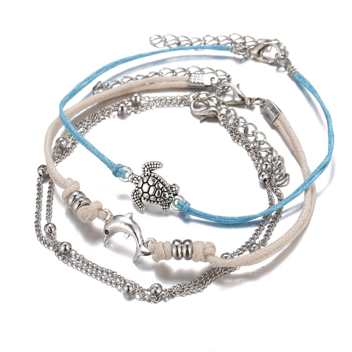 Wholesale Retro Turtle Dolphin Braided Sliding Anklet Set of 3 Pieces JDC-AS-F513