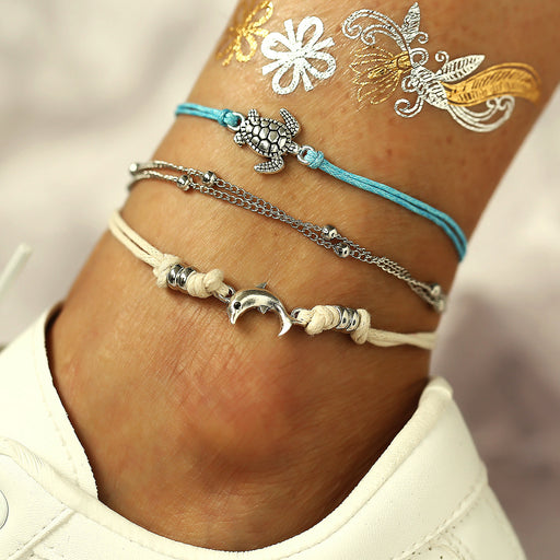 Jewelry WholesaleWholesale Retro Turtle Dolphin Braided Sliding Anklet Set of 3 Pieces JDC-AS-F513 Anklets 韩之尚 %variant_option1% %variant_option2% %variant_option3%  Factory Price JoyasDeChina Joyas De China