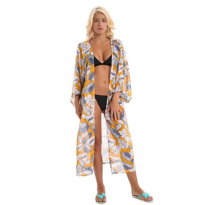 Wholesale seaside vacation wind leaf print fresh chiffon bikini blouse cardigan JDC-SW-duanr006