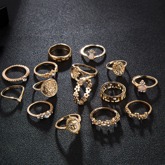 Wholesale Retro Beauty Avatar Gold Coin Cross Diamond Love Alloy Ring Set JDC-RS-MoM002