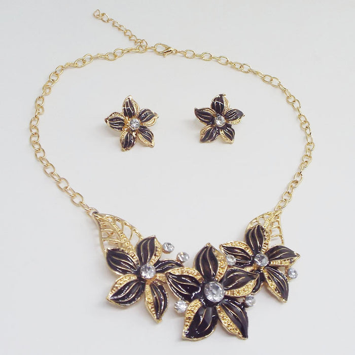 Wholesale Necklace Alloy Flowers Diamond Earrings Necklace Set JDC-NE-QiF005
