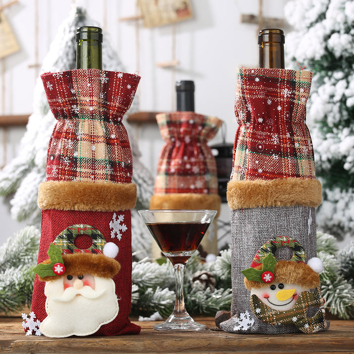 Wholesale Decorative Cloth Christmas Plaid Elk Snowman Wine Bottle Cover MOQ≥2 JDC-DCN-HB016
