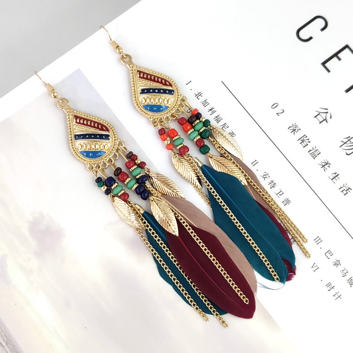 Wholesale Tassel Earrings Water Drop Feather Long MOQ≥2 JDC-ES-qifu004