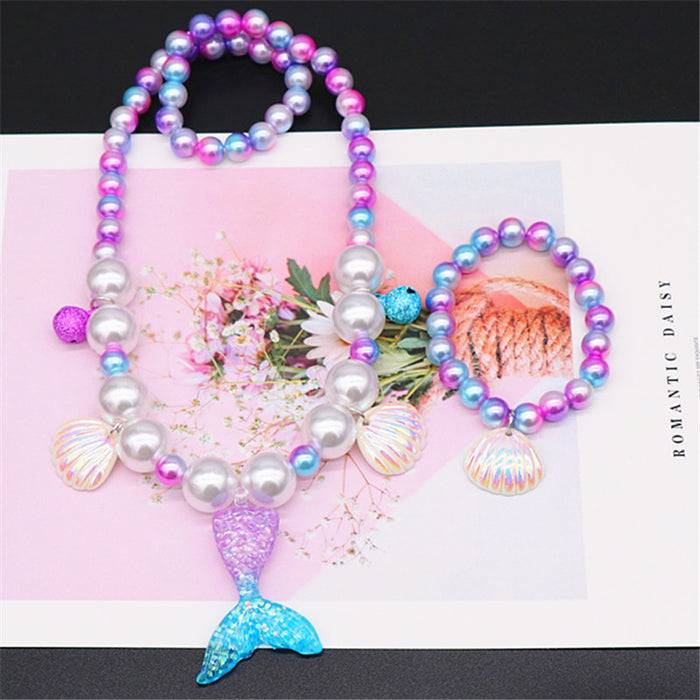 Wholesale Necklace Mermaid Tail Girls Pearl Necklace Bracelet Ring Earring Set MOQ≥2 JDC-RS-NanD001