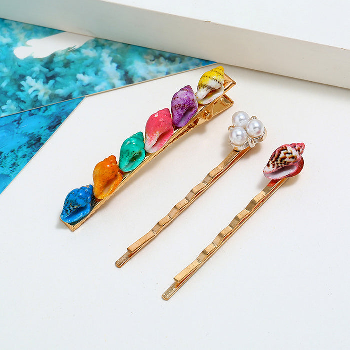 Wholesale Color Conch Combination Three Pieces One Word Hairpin Pearls JDC-HC-Zhil002