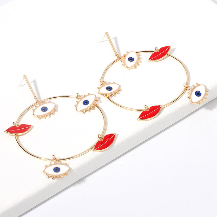 Wholesale Exaggerated French Eyes Red Lips Geometric Big Circle Earrings MOQ≥2 JDC-ES-Yir011