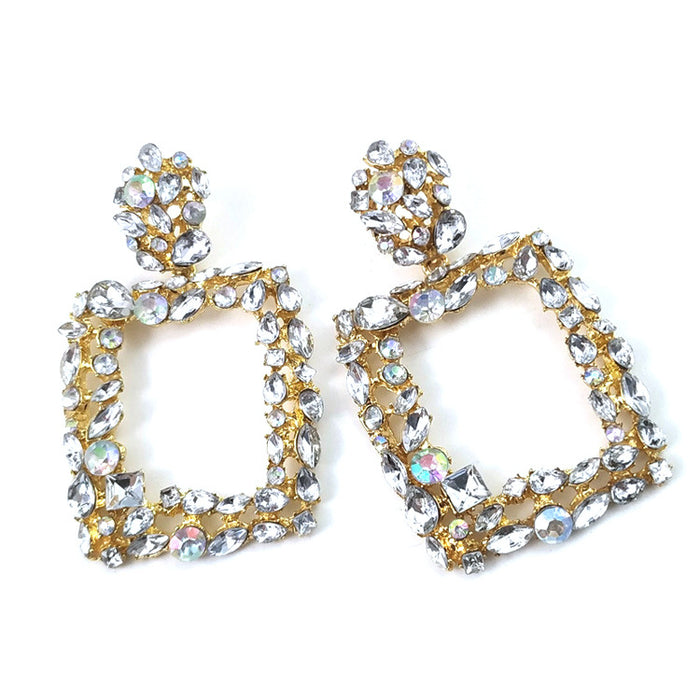 Wholesale Exaggerated Geometric Colorful Crystal Square Stud Earrings MOQ≥2 JDC-ES-qifu001