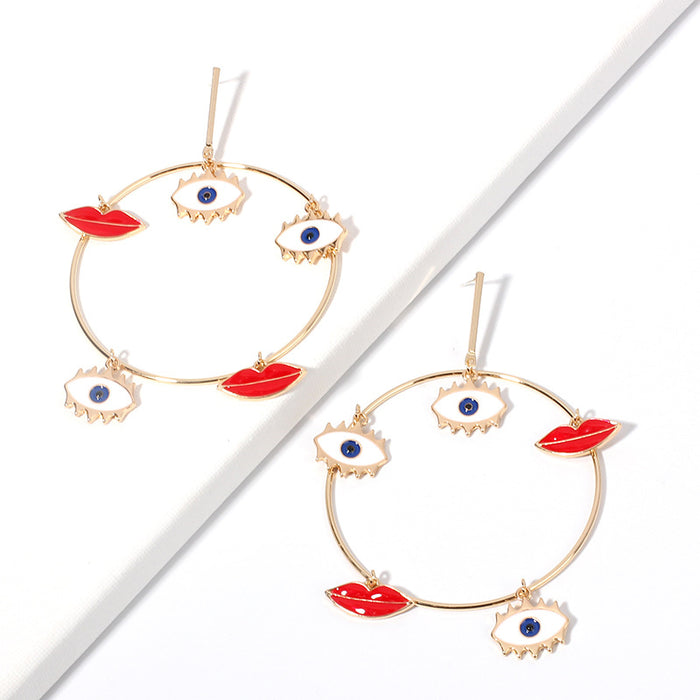 Wholesale Exaggerated French Eyes Red Lips Geometric Big Circle Earrings MOQ≥2 JDC-ES-Yir011