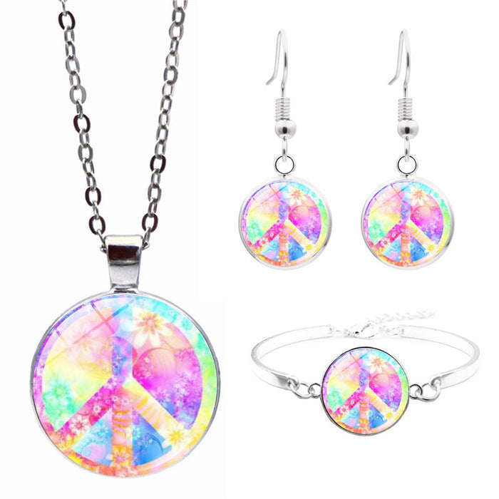 Wholesale Rainbow Peace Sign Creative Time Gem Jewelry Set JDC-NE-Jiayun003