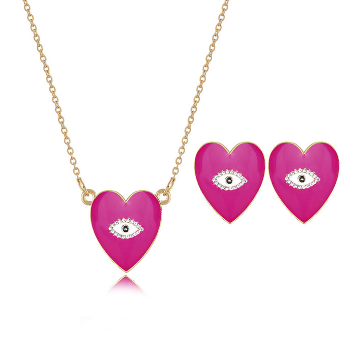 Wholesale Necklace Alloy Enamel Heart Eyes Diamond Earrings Set JDC-NE-YiD056