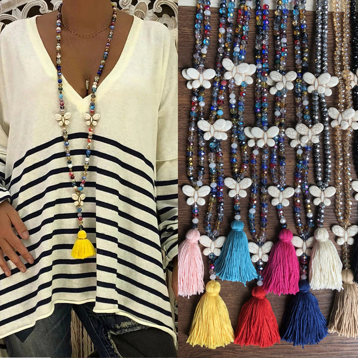 Wholesale Necklace White Turquoise Handmade Beaded Colorful Crystal Bow Knot Sweater Chain JDC-NE-YouF021