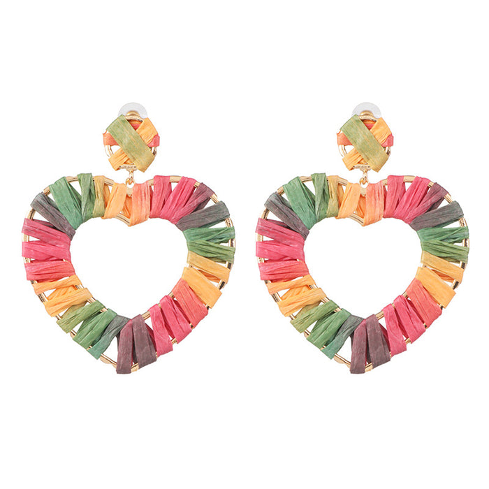 Wholesale exaggerated metal heart earrings raffia handmade JDC-ES-jr036