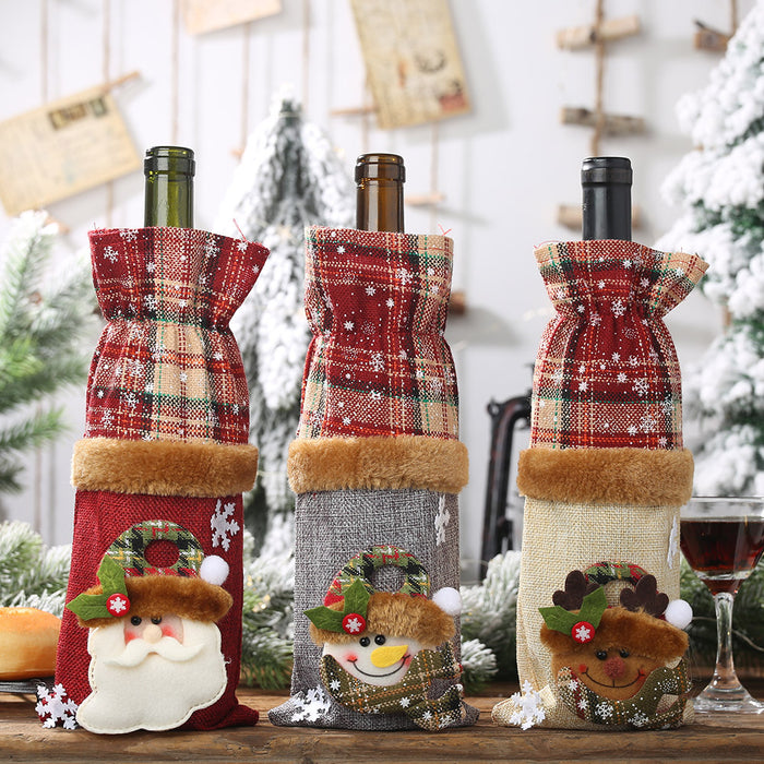 Wholesale Decorative Cloth Christmas Plaid Elk Snowman Wine Bottle Cover MOQ≥2 JDC-DCN-HB016
