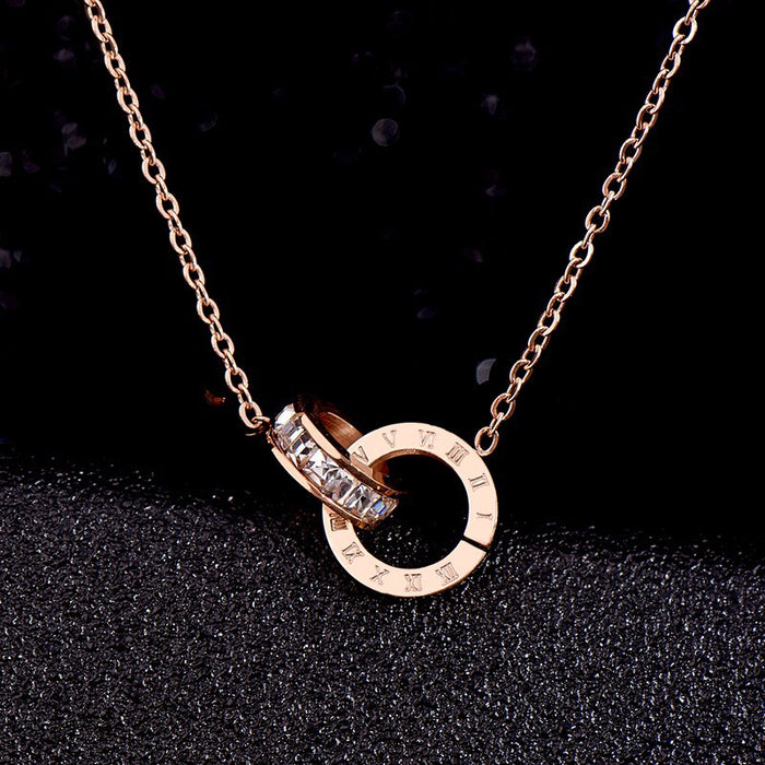 Wholesale Titanium Steel Diamond Lettering Pendant Rose Gold Roman Double Ring Zircon Necklace (F) JDC-NE-NuanShuo001