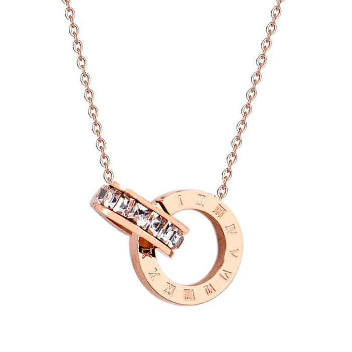 Wholesale Titanium Steel Diamond Lettering Pendant Rose Gold Roman Double Ring Zircon Necklace (F) JDC-NE-NuanShuo001