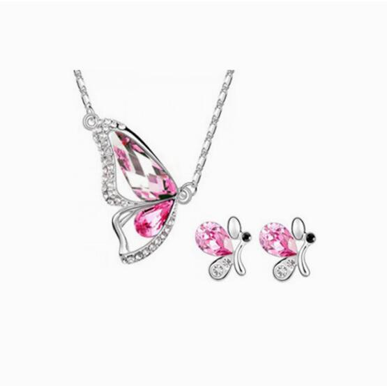 Wholesale Butterfly Crystal Necklace Earring Bracelet Alloy Set JDC-ES-DongX001