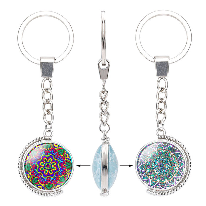 Wholesale Buddhist Lucky Charm Mandala Flower Time Gemstone Alloy Glass Keychain JDC-KC-NingX016