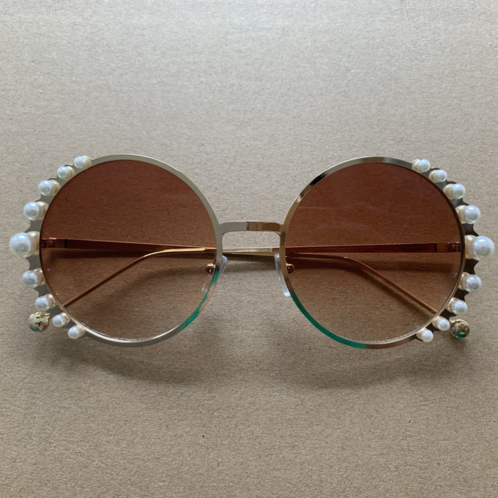 Wholesale Round Pearl Embellished Sunglasses Metal Frame Sunglasses JDC-SG-BaiLuan010