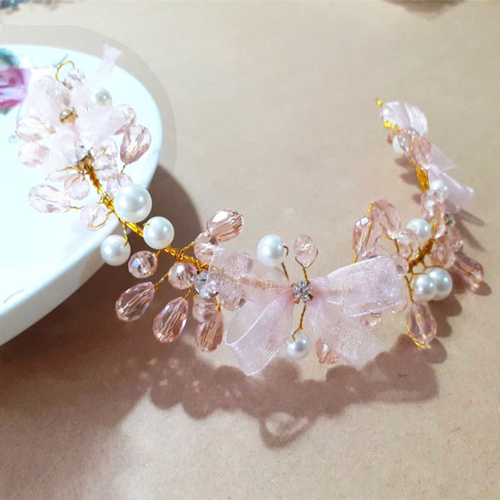 Wholesale bridal pink crystal headband crown lace bow hair accessories MOQ≥2 JDC-HD-DengH004
