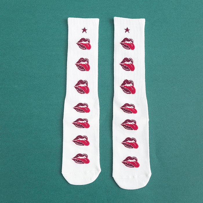 Wholesale Street Sports Casual Ladies Mid Tube Socks Cartoon Smiley Red Lips Tide Socks JDC-SK-MZX011