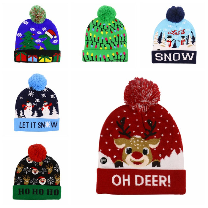 Wholesale Hat Acrylic Christmas Hair Ball LED Light Knitted Hat MOQ≥2 JDC-FH-Yuanb015