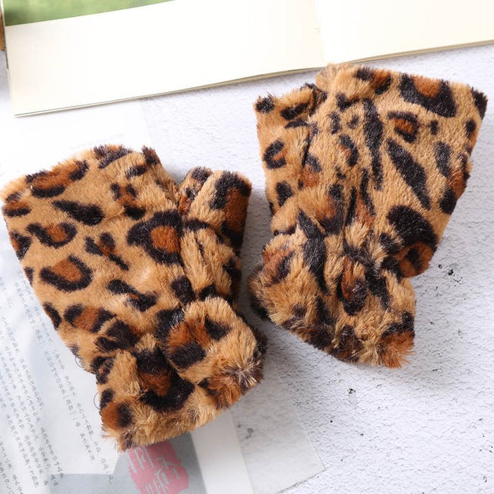 Wholesale Gloves Polyester Leopard Print Plush Touch Screen Fingerless JDC-GS-PS003