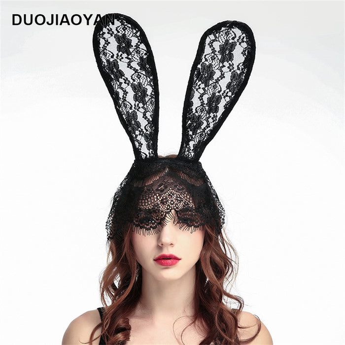 Wholesale Lace Big Rabbit Ears Black Headband MOQ≥3 JDC-HD-Jiaoy006