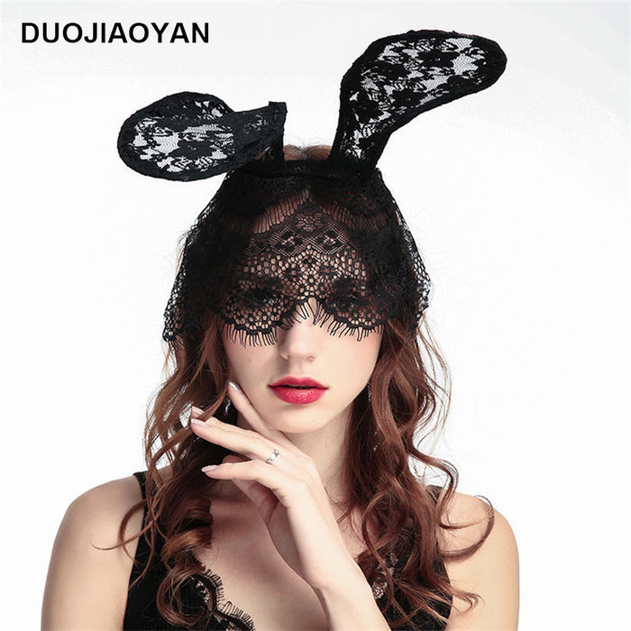 Wholesale Lace Big Rabbit Ears Black Headband MOQ≥3 JDC-HD-Jiaoy006